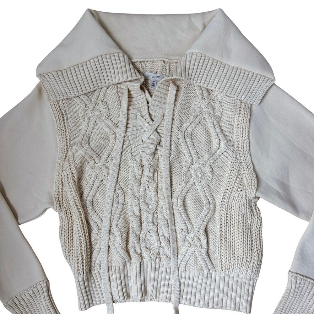 NWT ANTHROPOLOGIE Pilcro Sweater Chunky Cable Knit Collar Women's XS Cream - Picture 9 of 12
